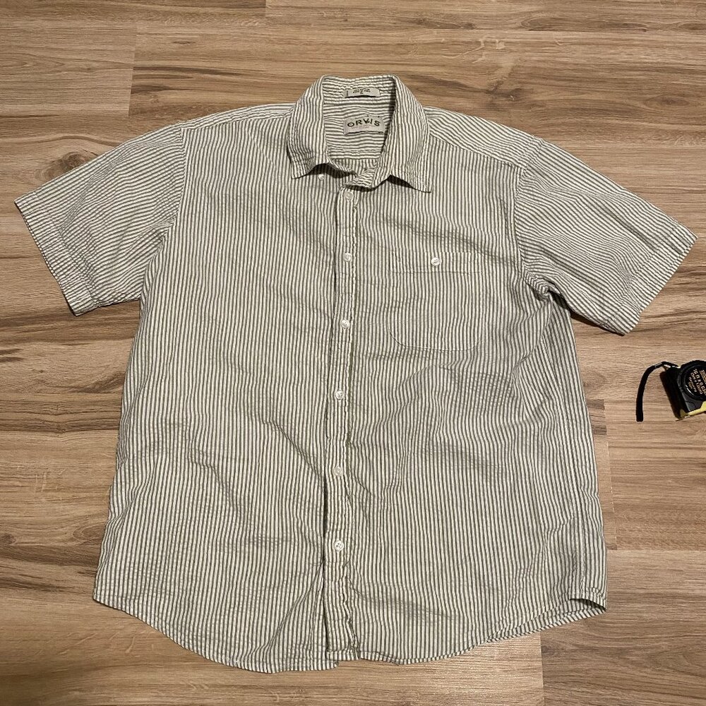 Orvis Green and White Striped Short Sleeve Shirt XL